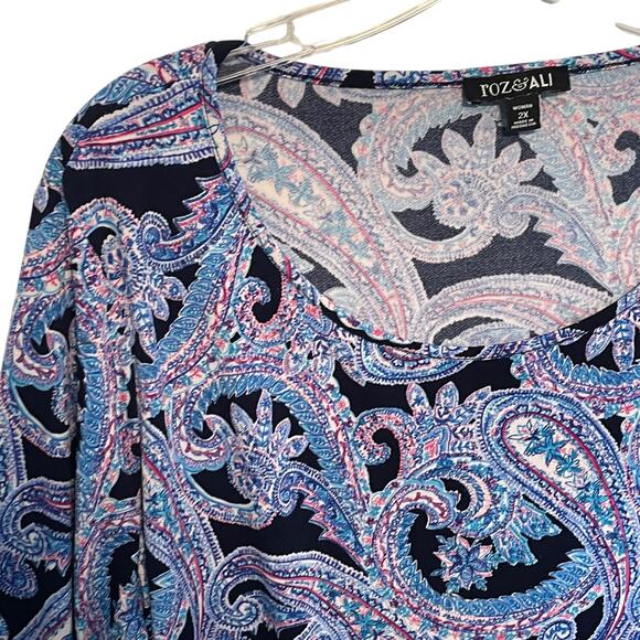 Roz & Ali Paisley Top Womens Size 2X Turquoise Pink Bell Sleeve Blouse - Picture 3 of 9